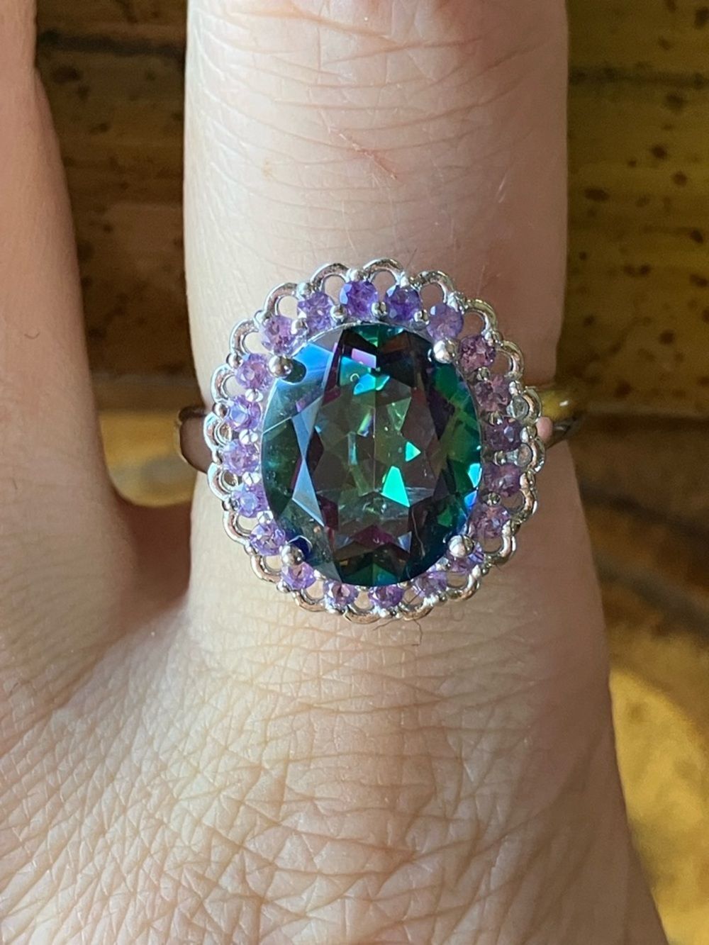 Mystic Quartz African Amethyst Sterling Silver Cocktail Ring Size 7.75